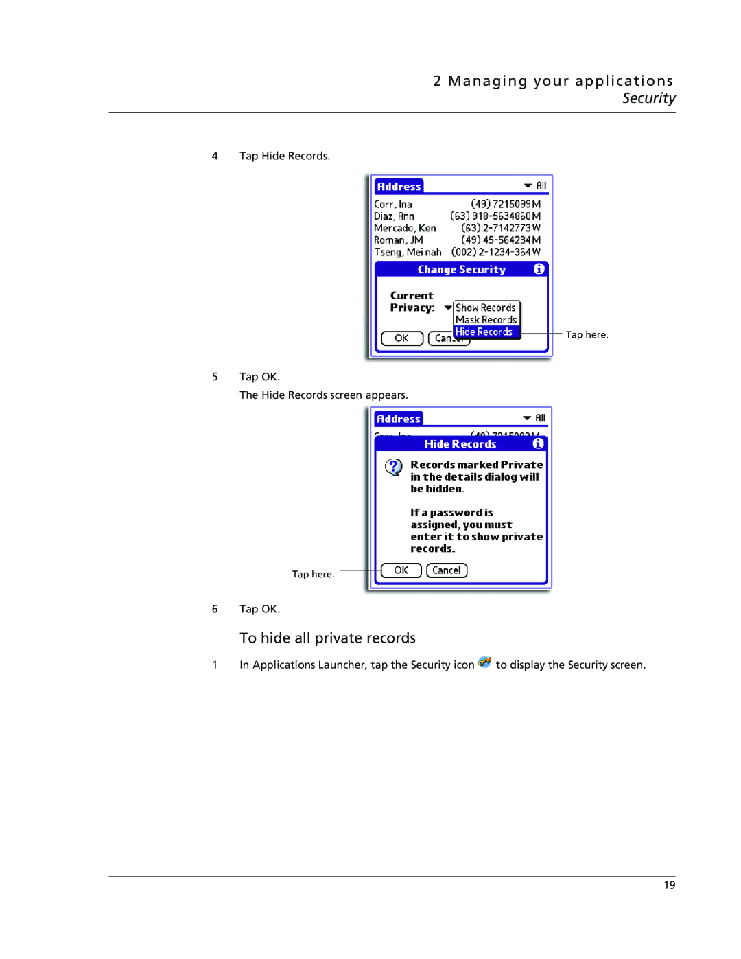 Acer s50, s60 user manual To hide all private records 