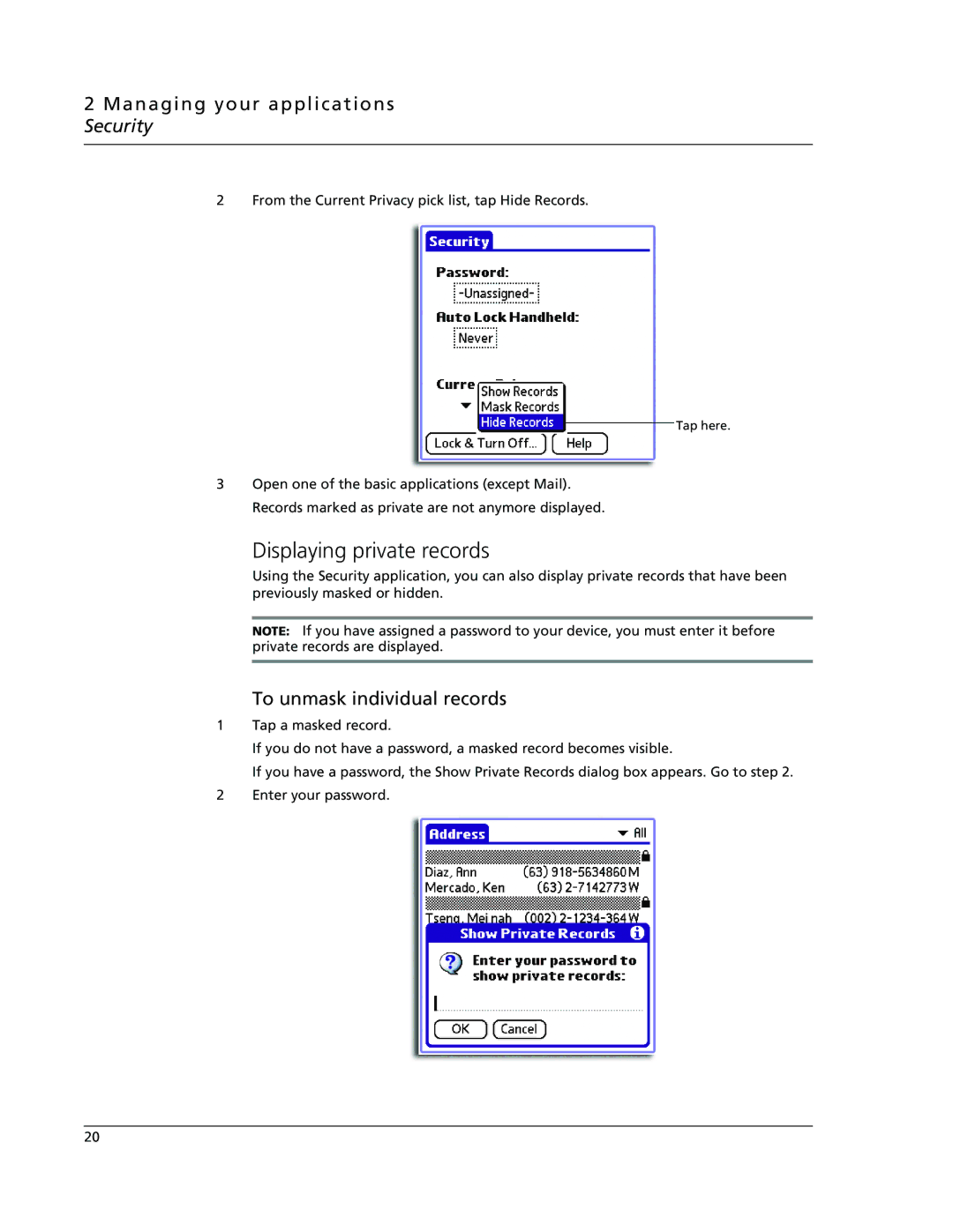 Acer s60, s50 user manual Displaying private records, To unmask individual records 