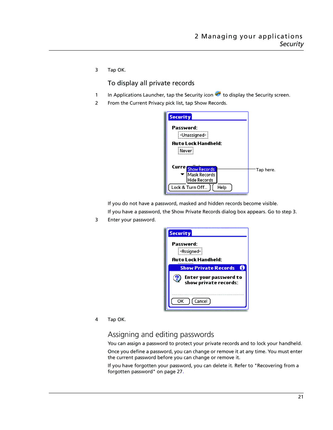 Acer s50, s60 user manual Assigning and editing passwords, To display all private records 