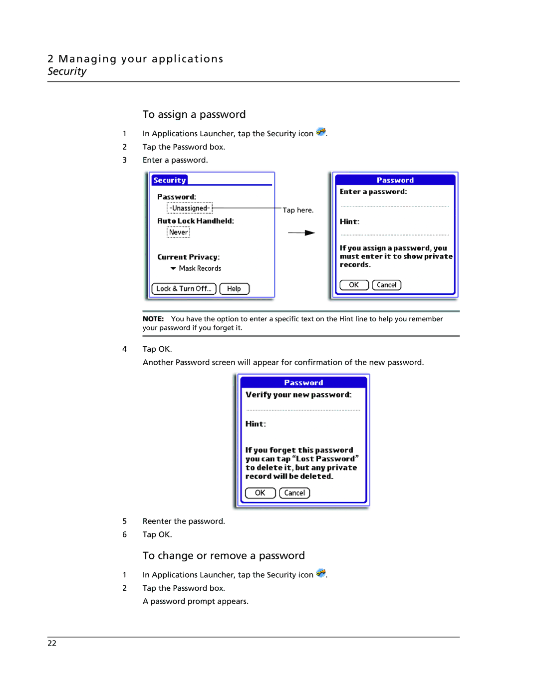 Acer s60, s50 user manual Managing your applications Security To assign a password, To change or remove a password 