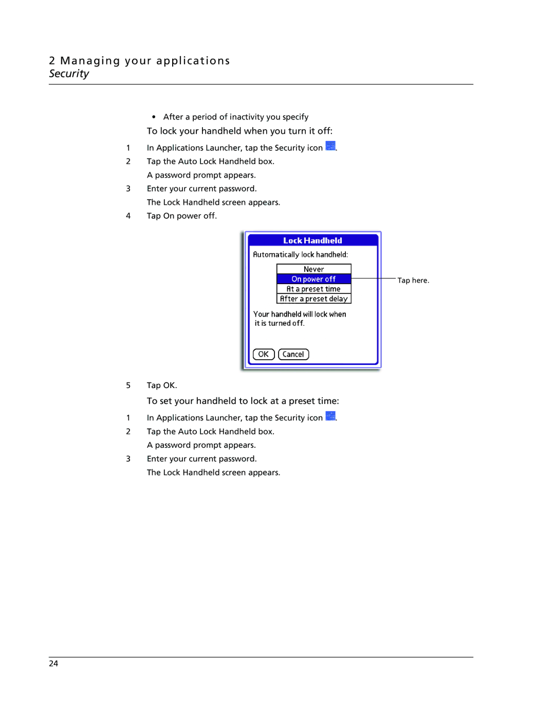 Acer s60, s50 user manual To lock your handheld when you turn it off, To set your handheld to lock at a preset time 