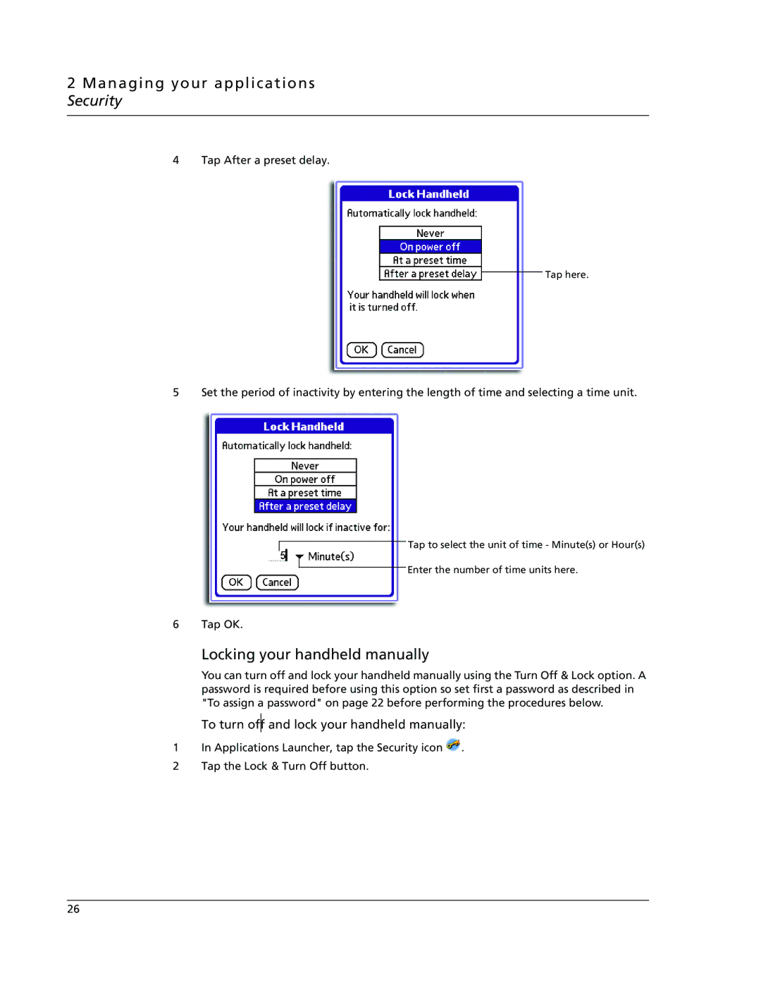 Acer s60, s50 user manual Locking your handheld manually, To turn off and lock your handheld manually 