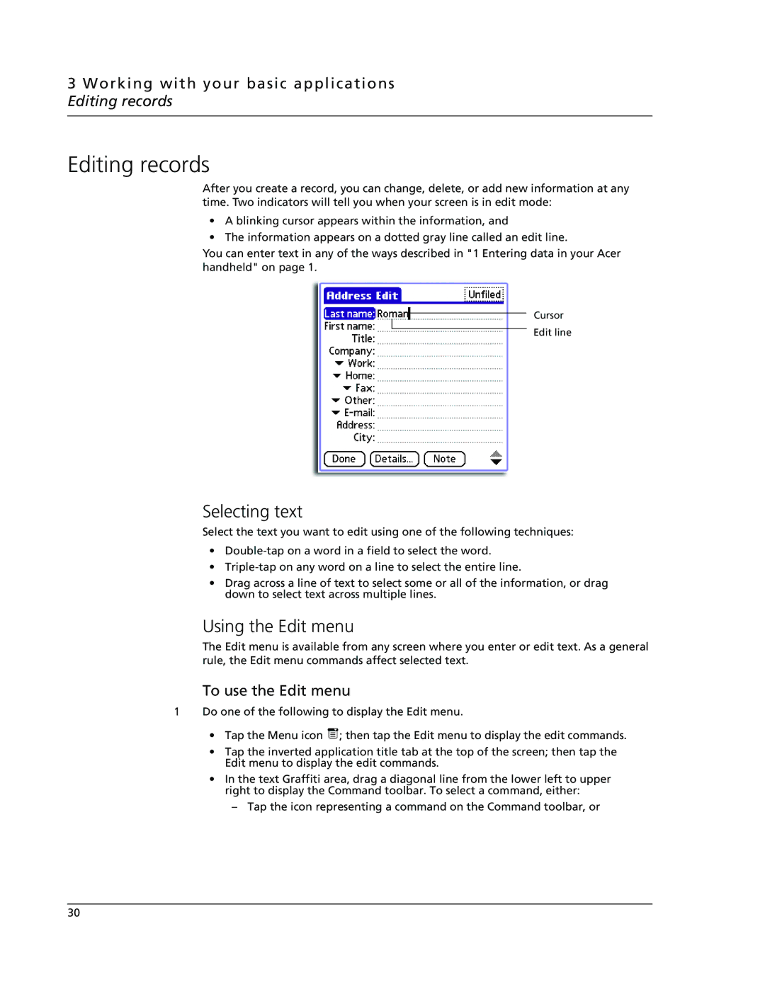 Acer s60, s50 user manual Selecting text, Using the Edit menu, Working with your basic applications Editing records 