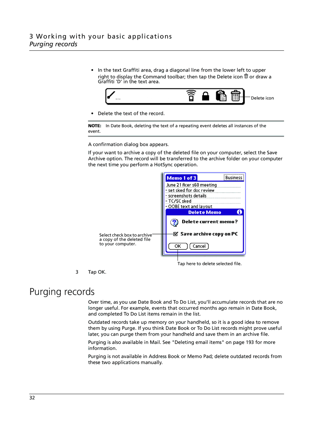 Acer s60, s50 user manual Working with your basic applications Purging records 