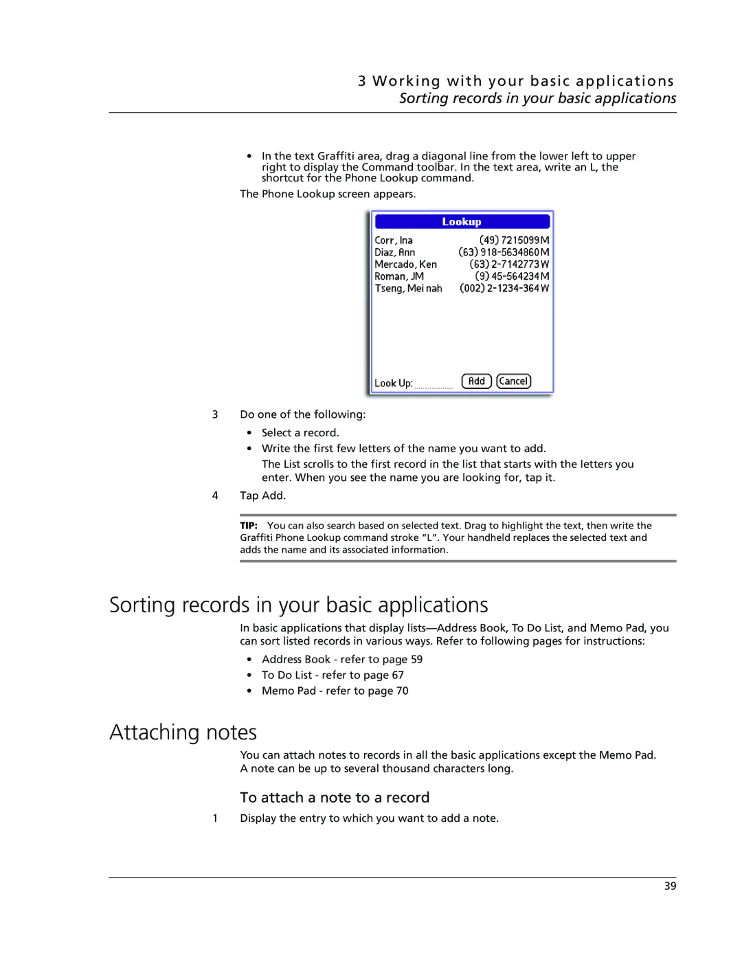 Acer s50, s60 user manual Sorting records in your basic applications, Attaching notes, To attach a note to a record 