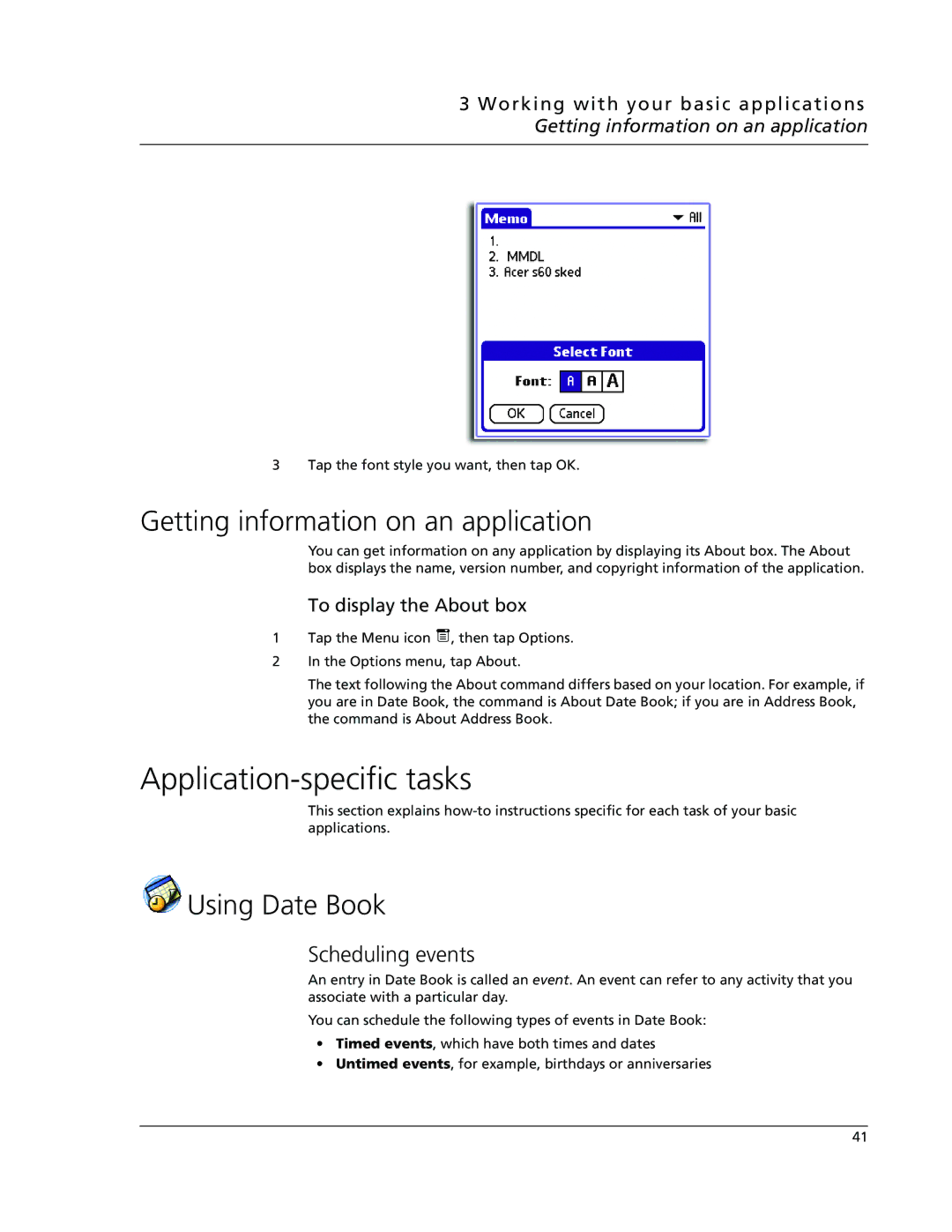 Acer s50, s60 Getting information on an application, Using Date Book, Scheduling events, To display the About box 