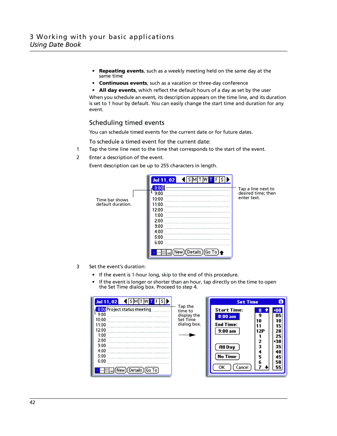 Acer s60, s50 user manual Working with your basic applications Using Date Book, Scheduling timed events 