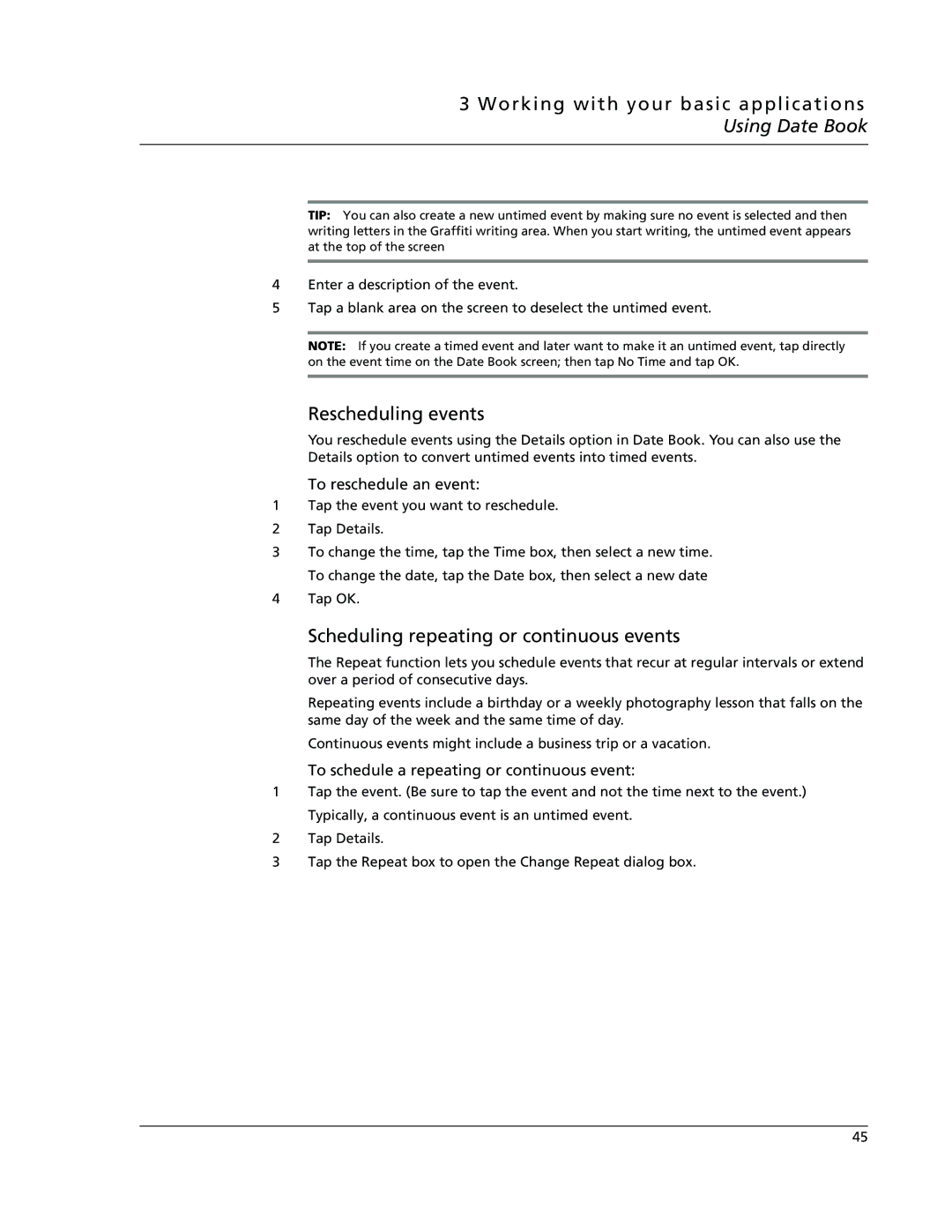 Acer s50, s60 user manual Rescheduling events, Scheduling repeating or continuous events, To reschedule an event 