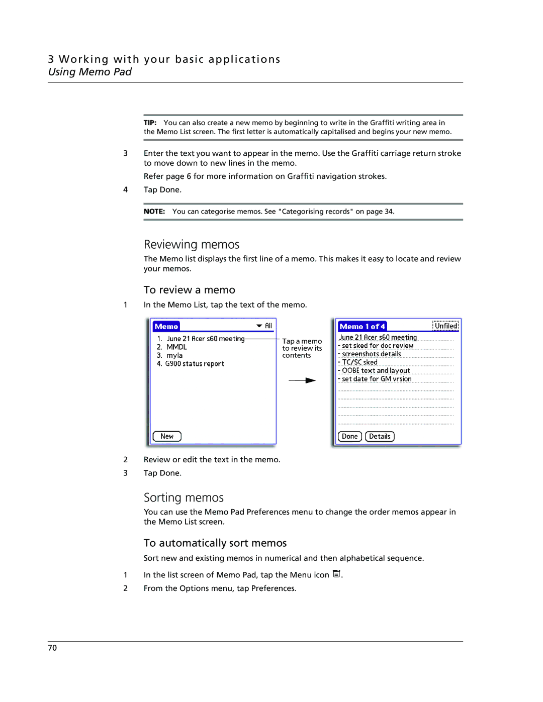 Acer s60, s50 user manual Reviewing memos, Sorting memos, To review a memo, To automatically sort memos 