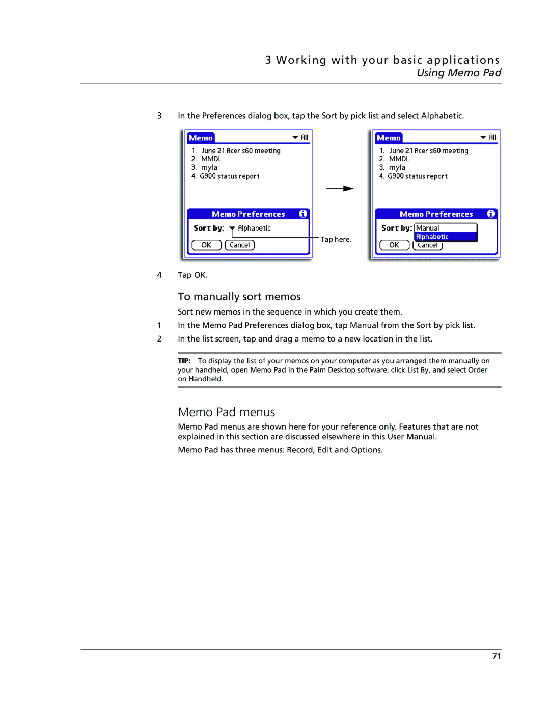 Acer s50, s60 user manual Memo Pad menus, To manually sort memos 