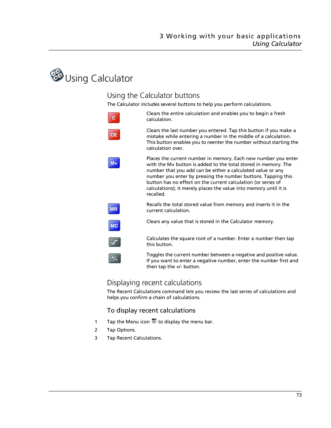 Acer s50 Using Calculator, Using the Calculator buttons, Displaying recent calculations, To display recent calculations 