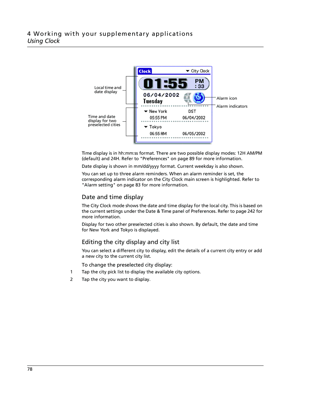 Acer s60, s50 Date and time display, Editing the city display and city list, To change the preselected city display 