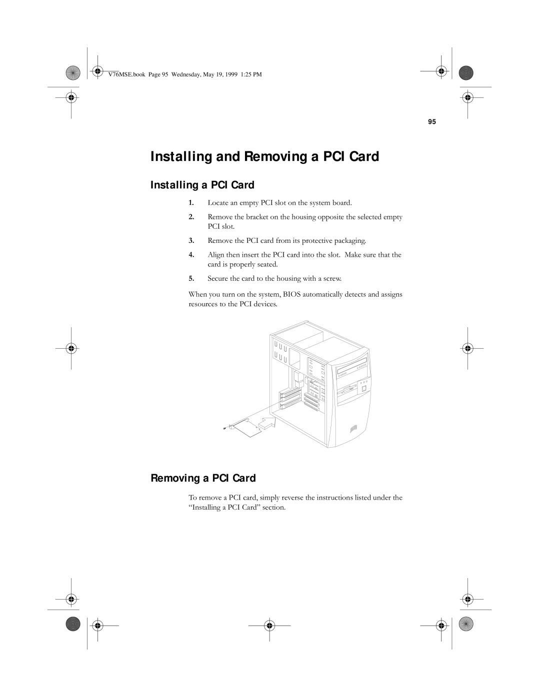 Acer SE manual Installing and Removing a PCI Card, Installing a PCI Card 