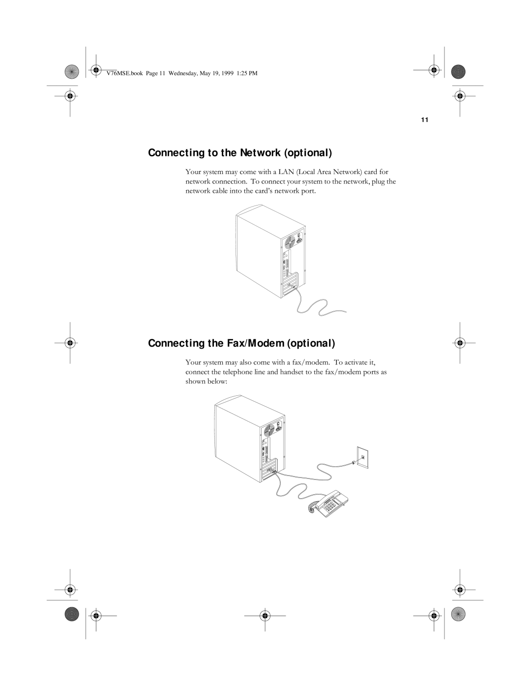 Acer SE manual Connecting to the Network optional, Connecting the Fax/Modem optional, 8 