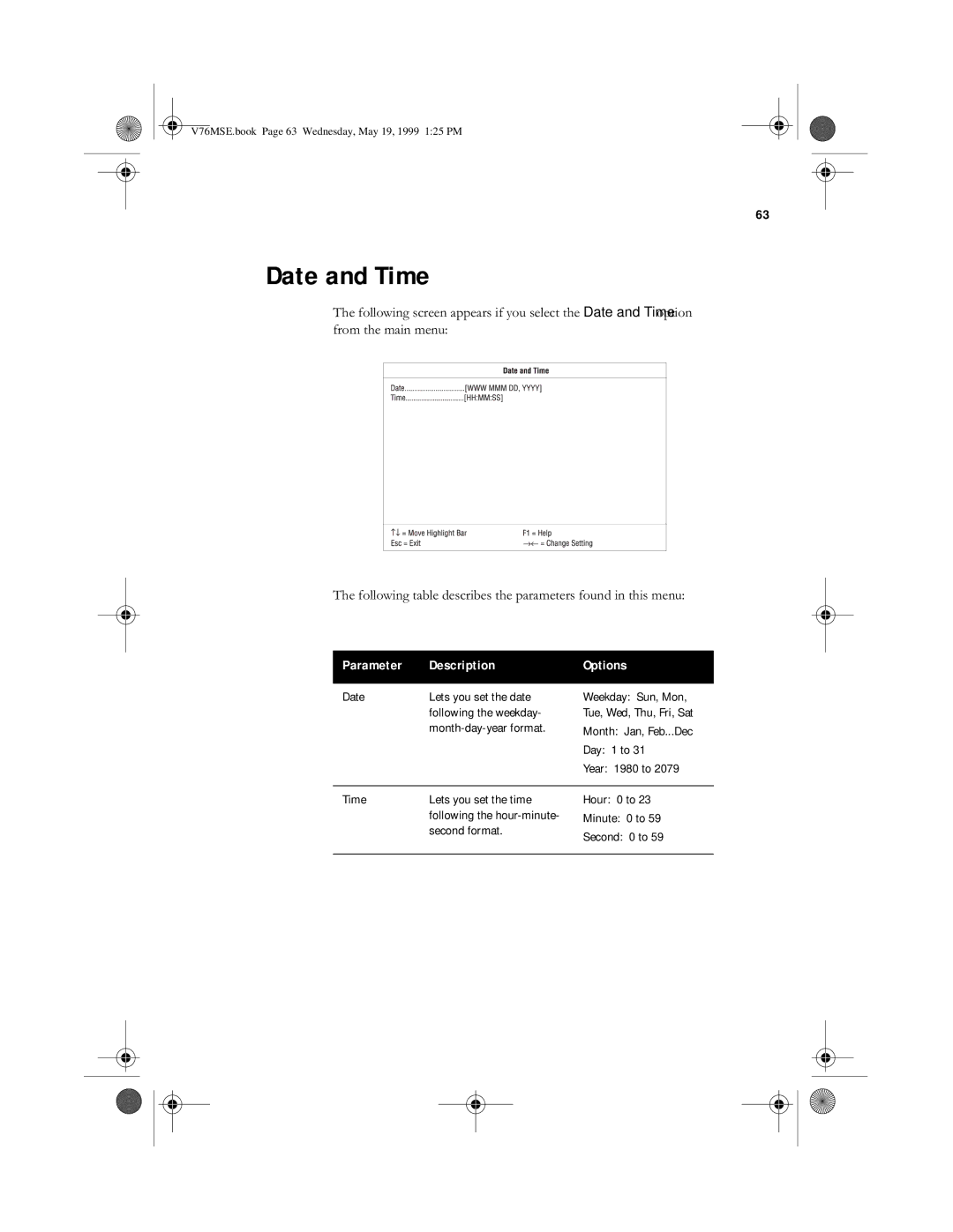 Acer SE manual Date and Time, Year 1980 to Time Lets you set the time, Second format, Hour 0 to Minute 0 to Second 0 to 