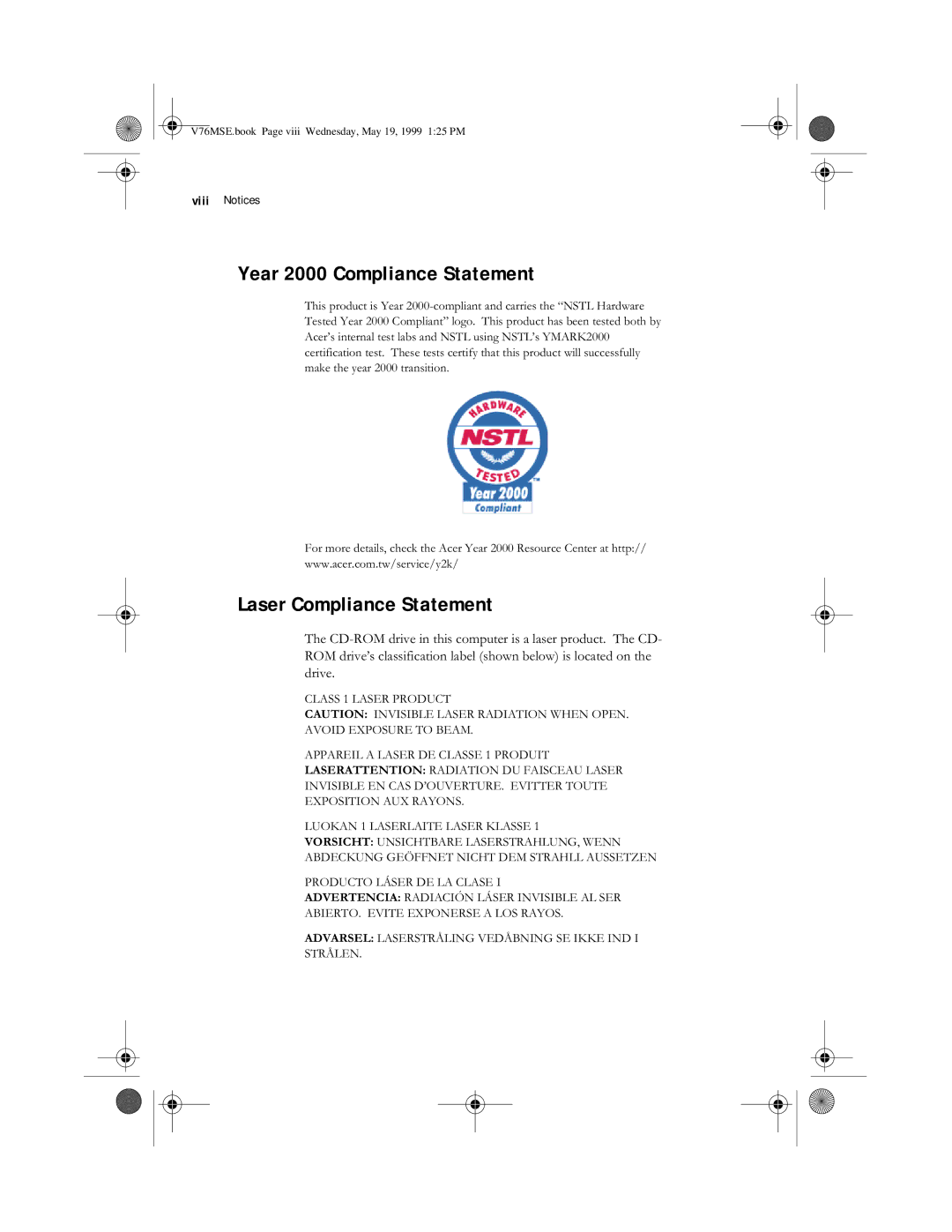 Acer SE manual Year 2000 Compliance Statement, Laser Compliance Statement,  