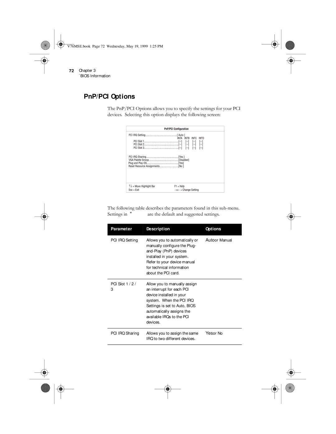 Acer SE manual PnP/PCI Options, PCI IRQ Setting, Auto or Manual, Yes or No, IRQ to two different devices 