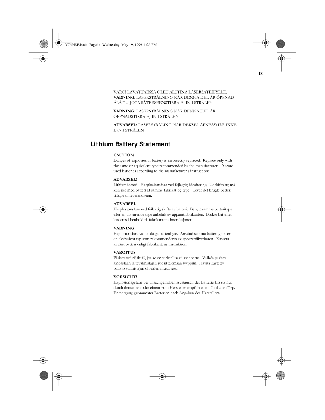 Acer SE manual Lithium Battery Statement 