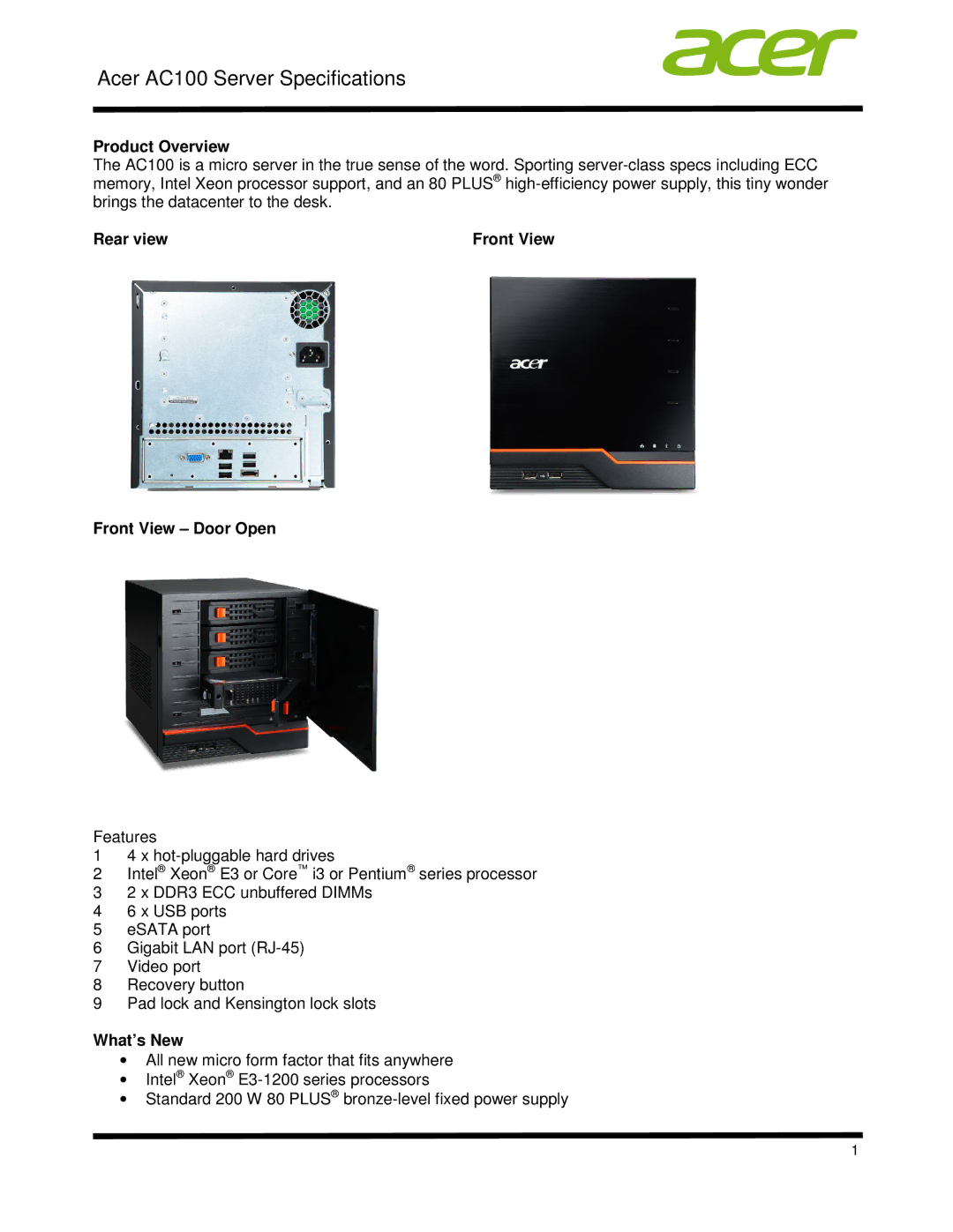 Acer STR7LAA001 specifications Product Overview, Rear view, Front View Door Open, What’s New 