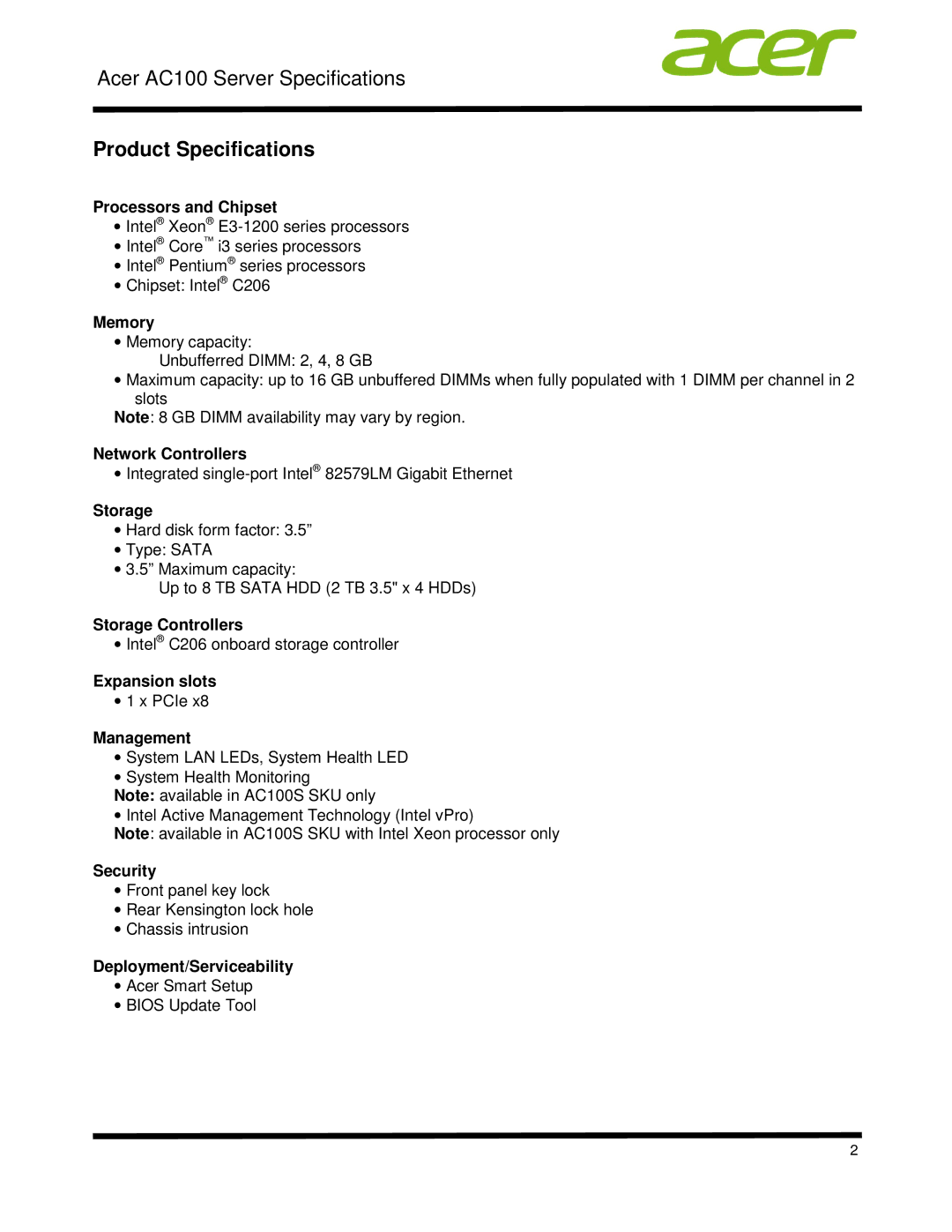 Acer STR7LAA001 Processors and Chipset, Memory, Network Controllers, Storage Controllers, Expansion slots, Management 