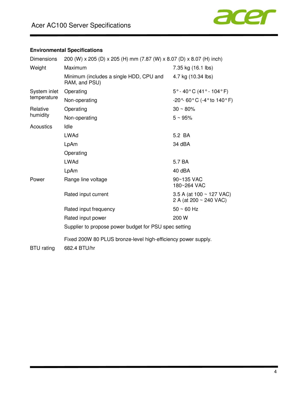 Acer STR7LAA001 specifications Environmental Specifications 