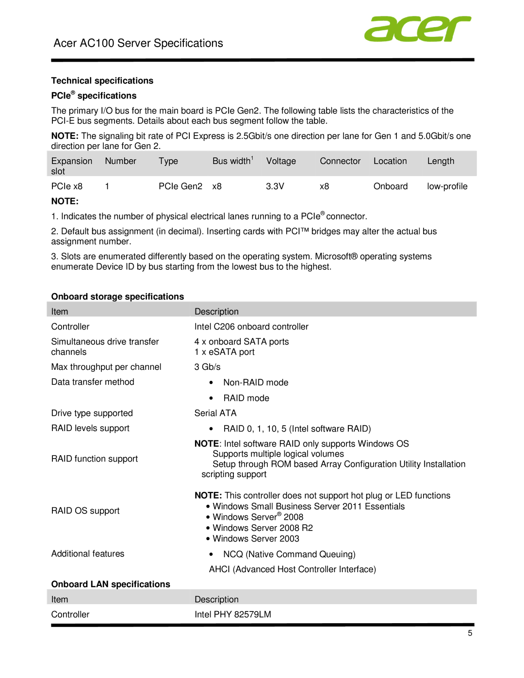 Acer STR7LAA001 Technical specifications PCIe specifications, Onboard storage specifications, Onboard LAN specifications 