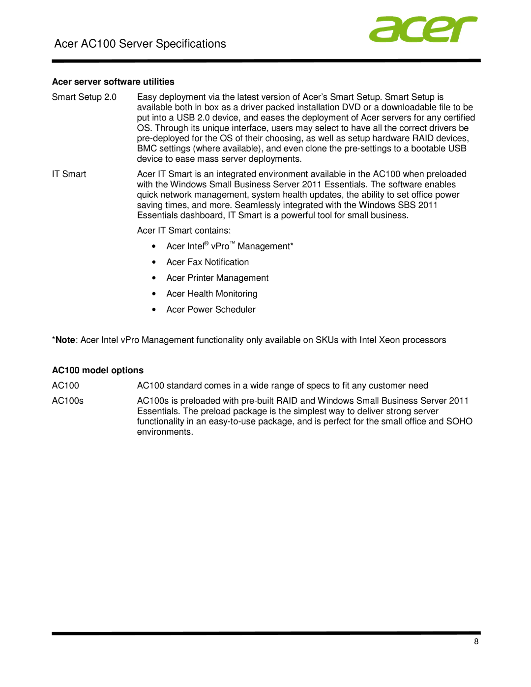 Acer STR7LAA001 specifications Acer server software utilities, AC100 model options 