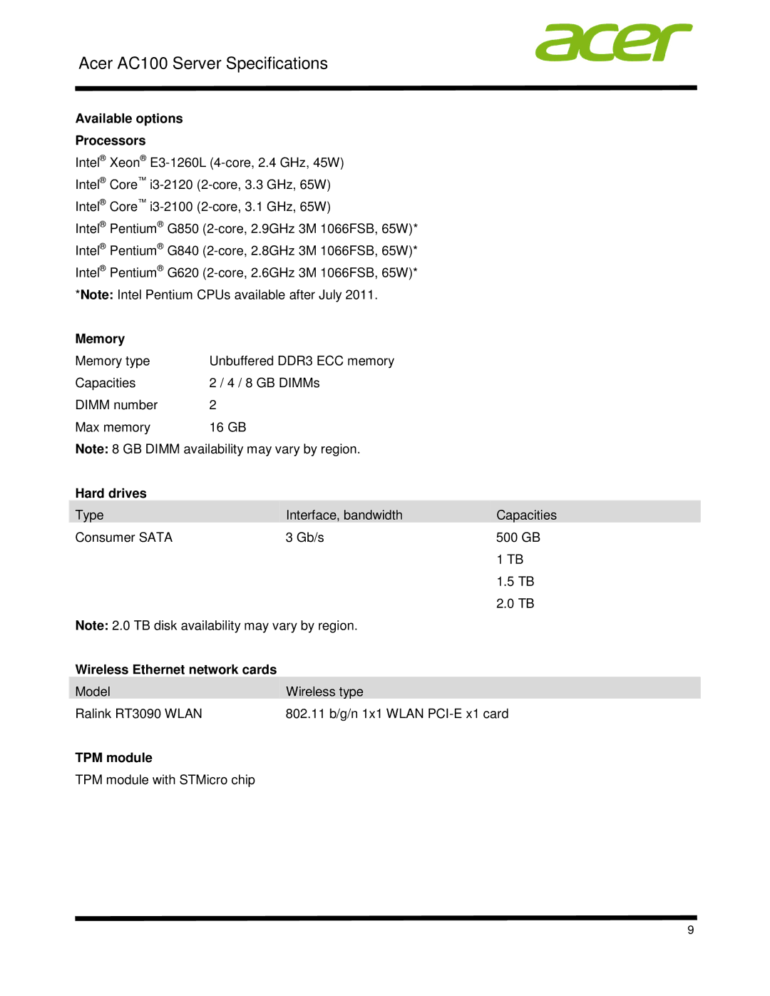 Acer STR7LAA001 specifications Available options Processors, Hard drives, TPM module 