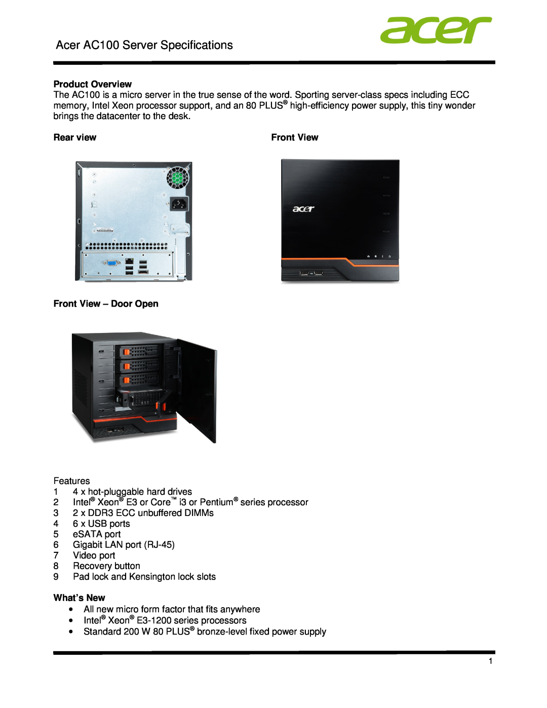 Acer STR7LAA001 specifications Acer AC100 Server Specifications, Product Overview, Rear view, Front View - Door Open 