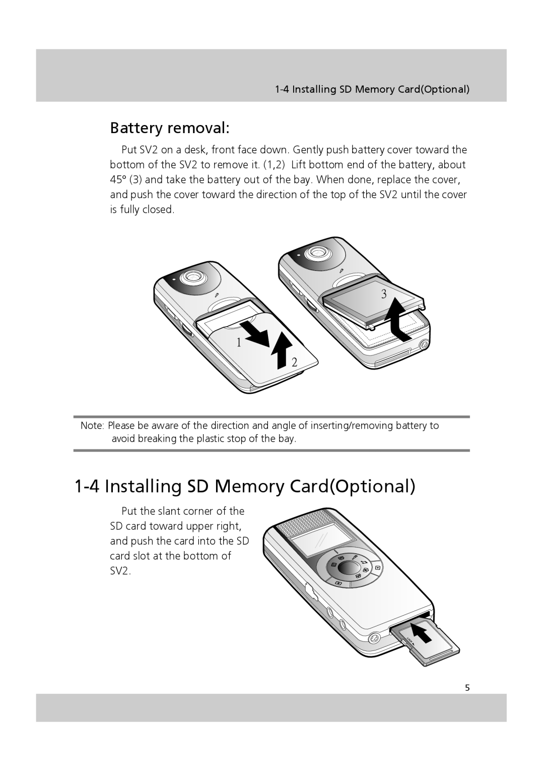 Acer SV-200 manual Installing SD Memory CardOptional, Battery removal 