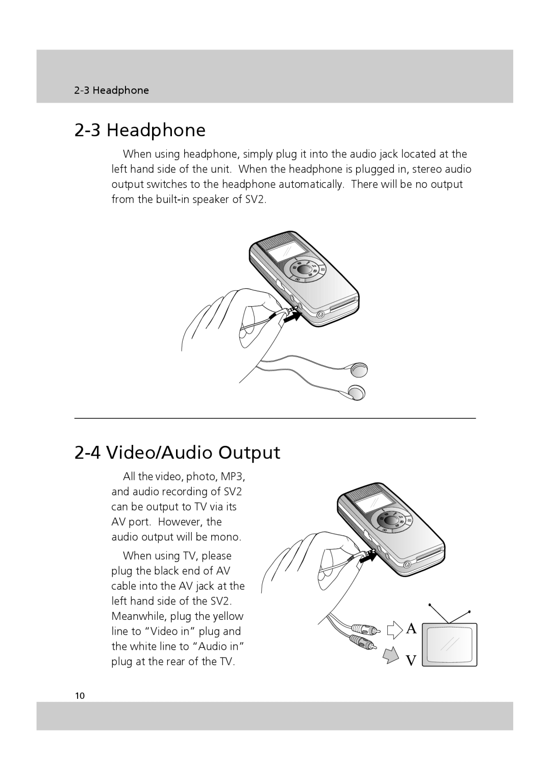 Acer SV-200 manual Headphone, Video/Audio Output 