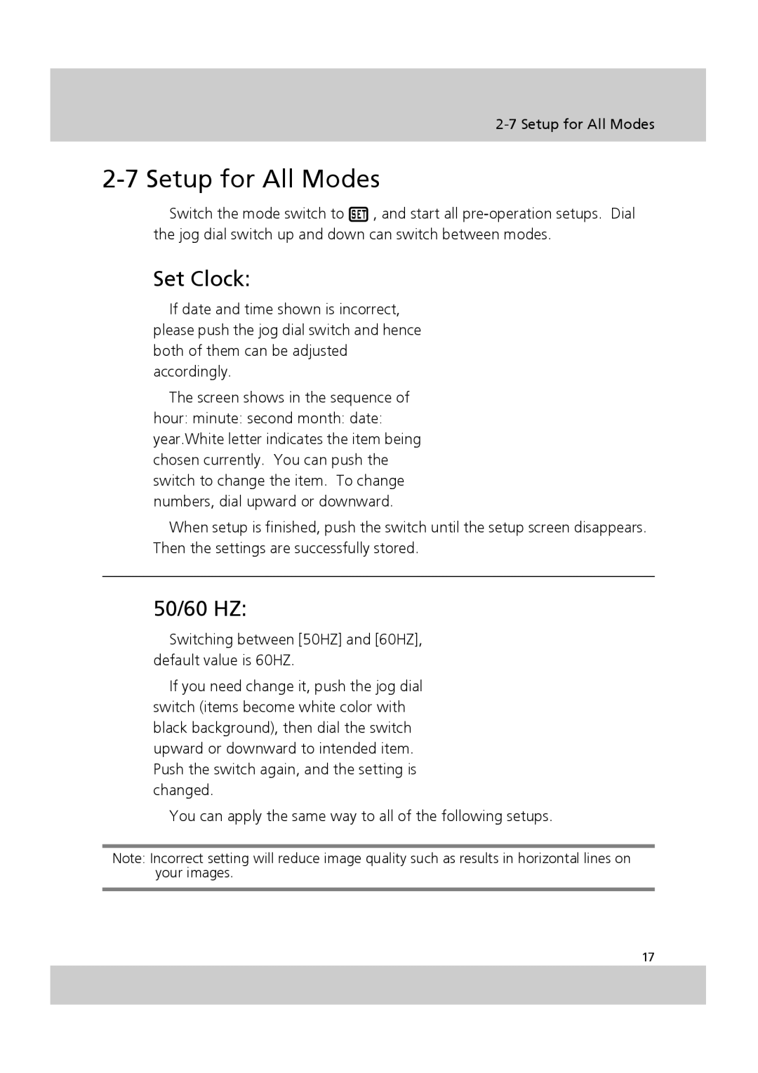 Acer SV-200 manual Setup for All Modes, Set Clock, 50/60 HZ 