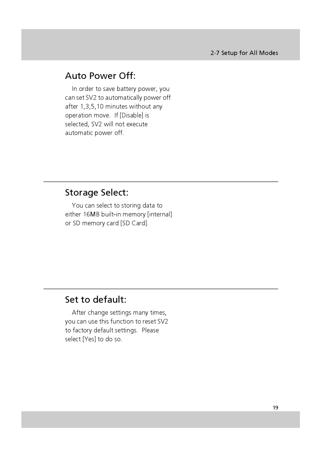 Acer SV-200 manual Auto Power Off, Storage Select, Set to default 