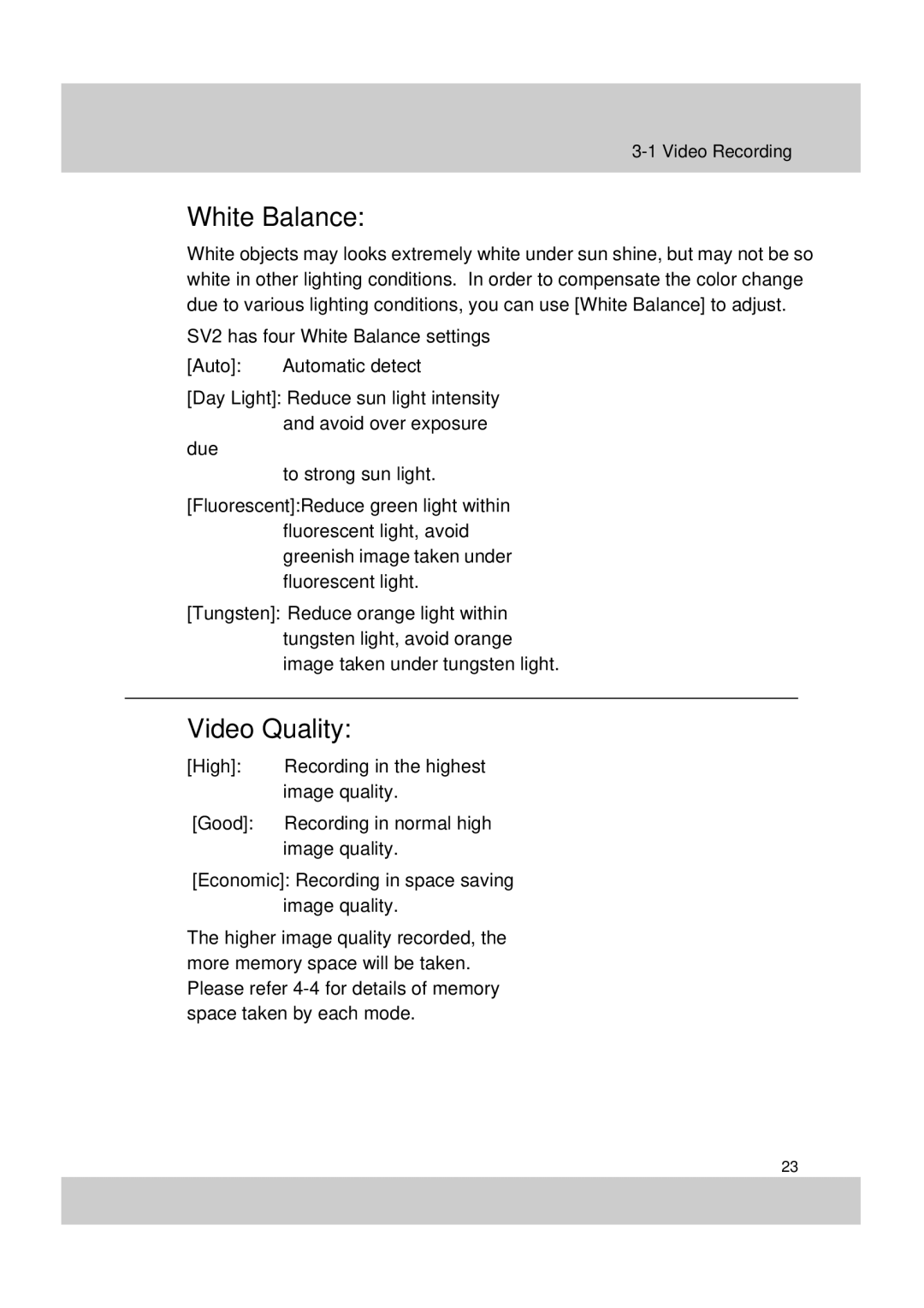 Acer SV-200 manual White Balance, Video Quality 