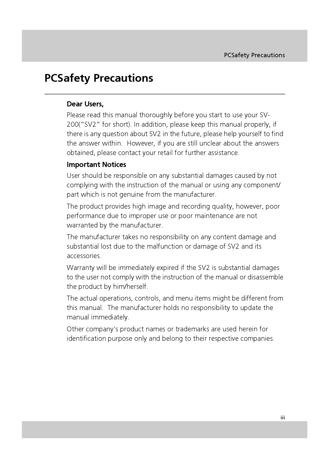 Acer SV-200 manual PCSafety Precautions 