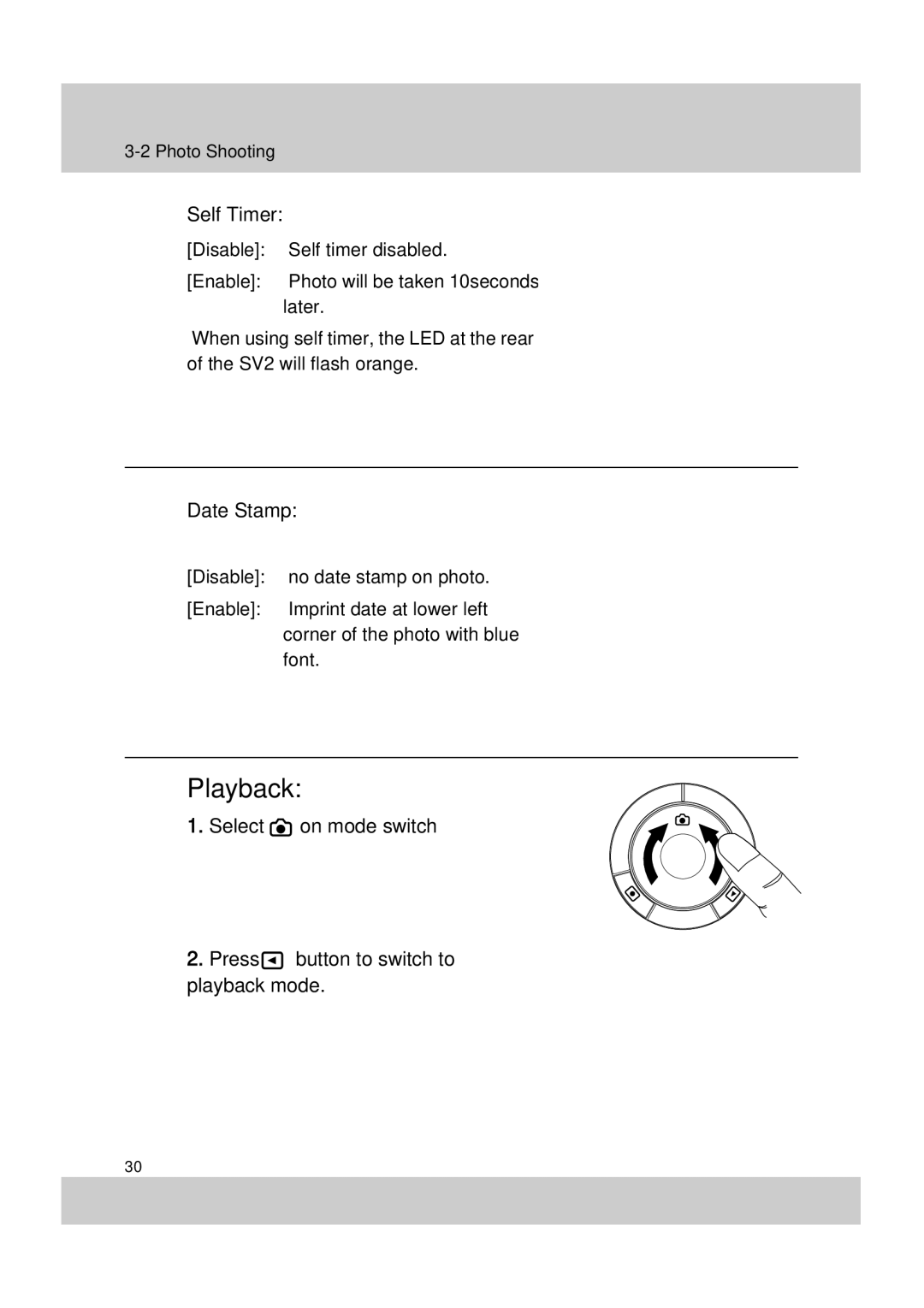 Acer SV-200 manual Playback, Self Timer, Date Stamp 