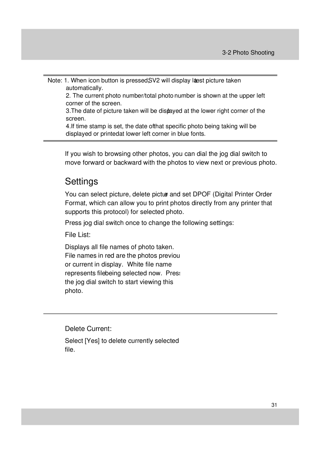 Acer SV-200 manual Settings, Delete Current 