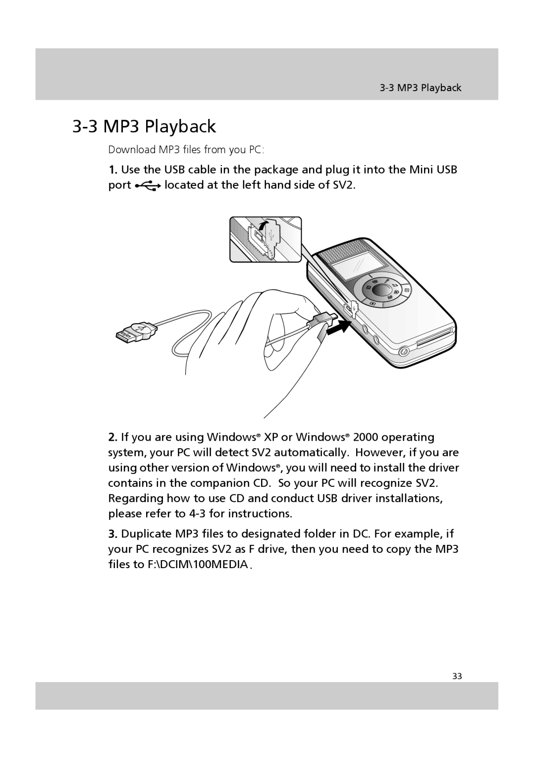 Acer SV-200 manual MP3 Playback 