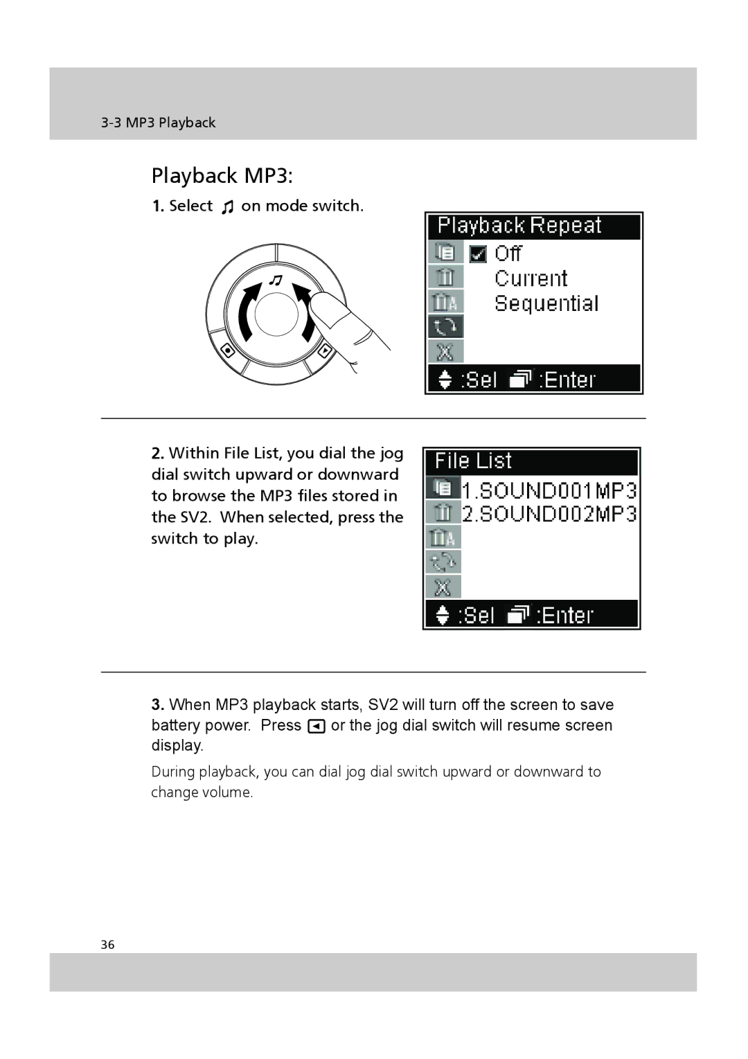 Acer SV-200 manual Playback MP3 