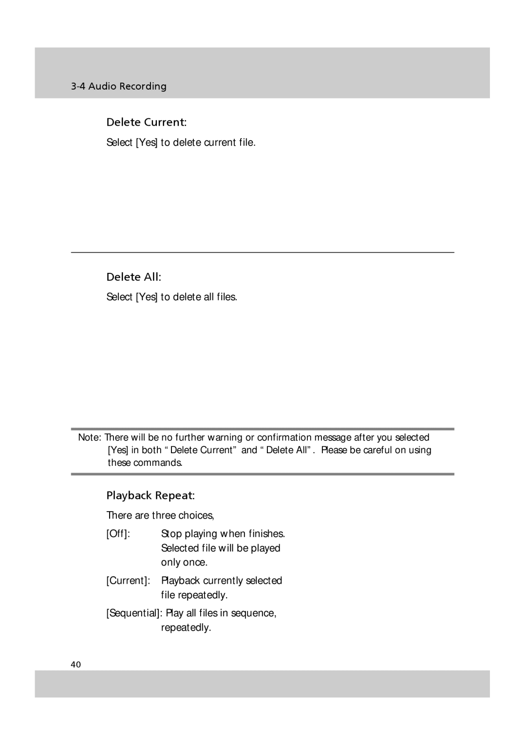 Acer SV-200 manual Delete Current, Playback Repeat 