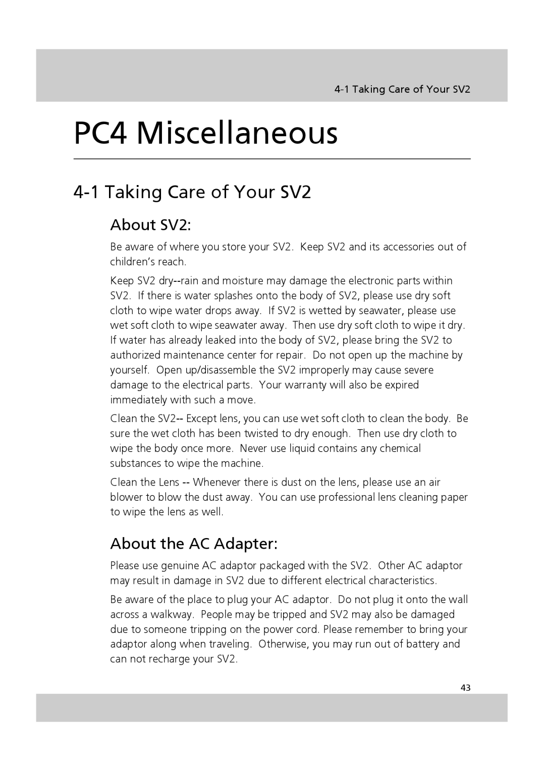 Acer SV-200 manual Taking Care of Your SV2, About SV2, About the AC Adapter 