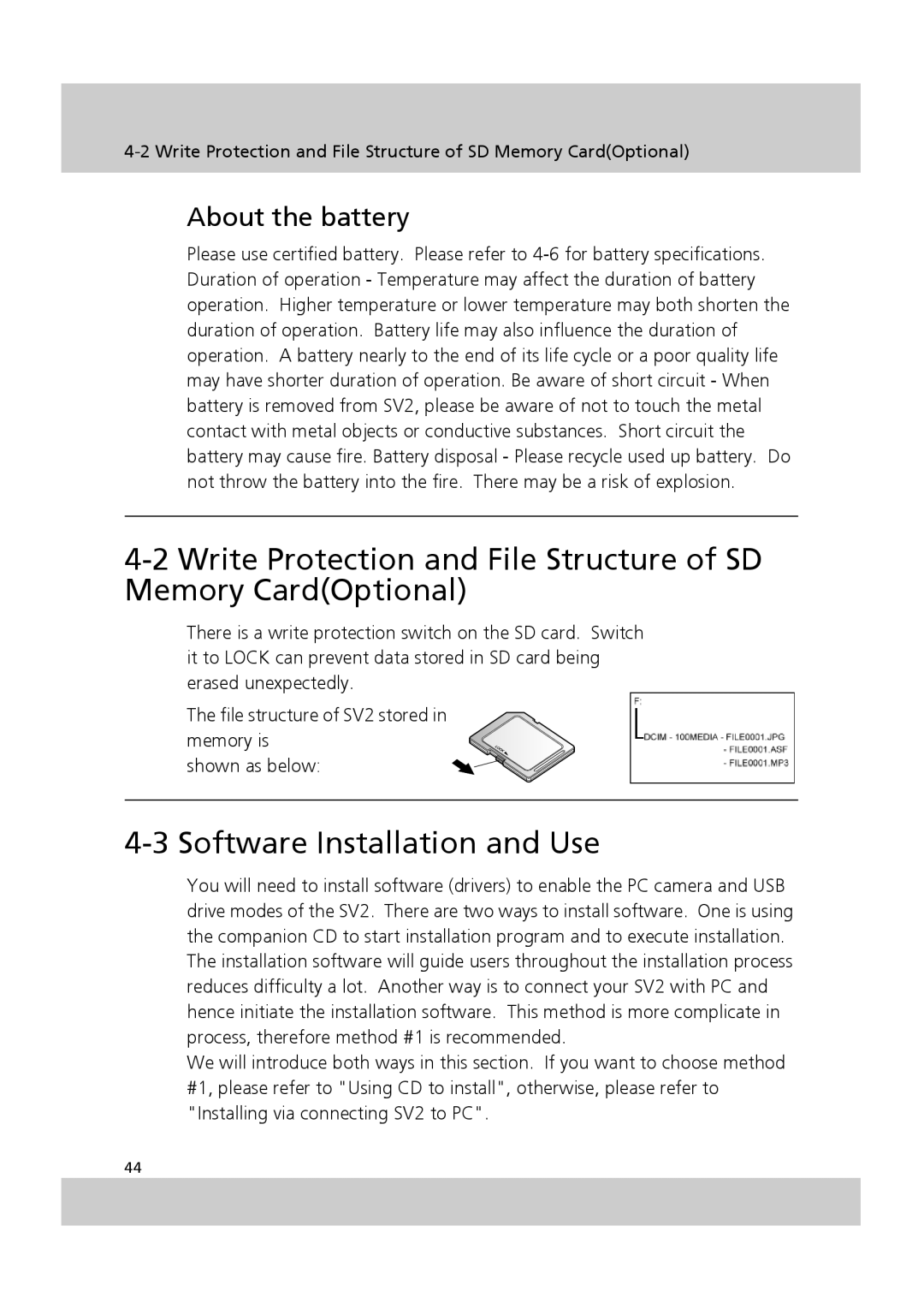 Acer SV-200 manual Software Installation and Use, About the battery 