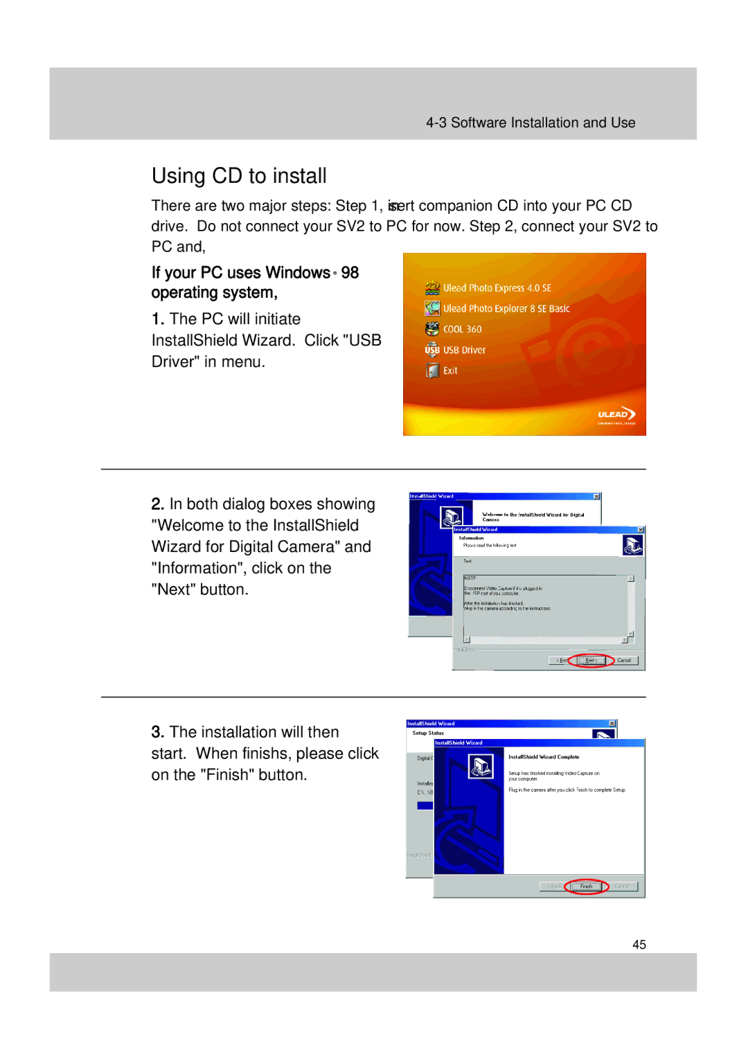 Acer SV-200 manual Using CD to install, If your PC uses Windows 98 operating system 