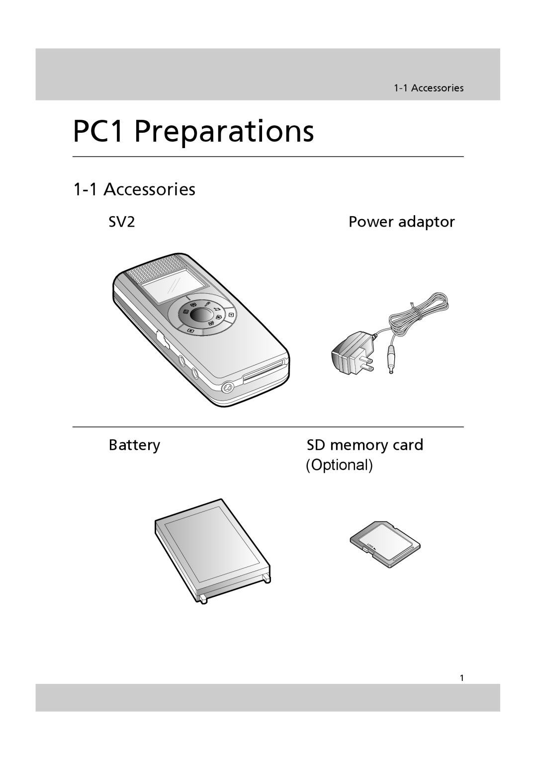 Acer SV-200 manual Accessories, Power adaptor, Battery SD memory card Optional 