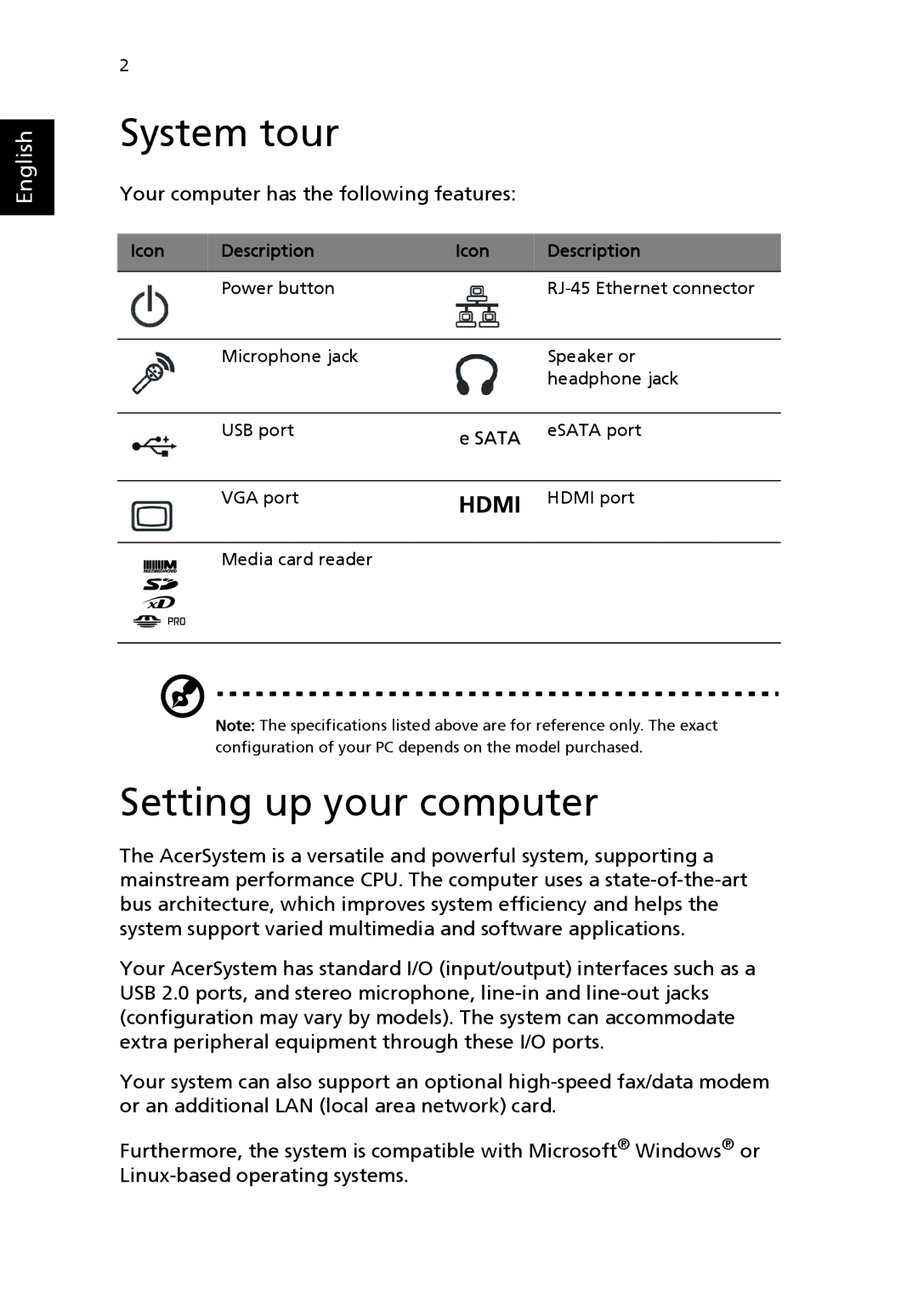 Acer SYSTEM, R3600 manual System tour, Setting up your computer 