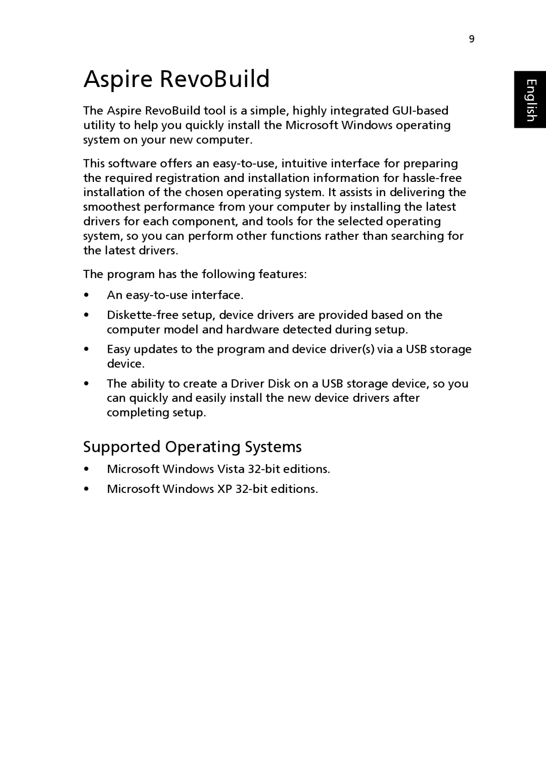 Acer R3600, SYSTEM manual Aspire RevoBuild, Supported Operating Systems 