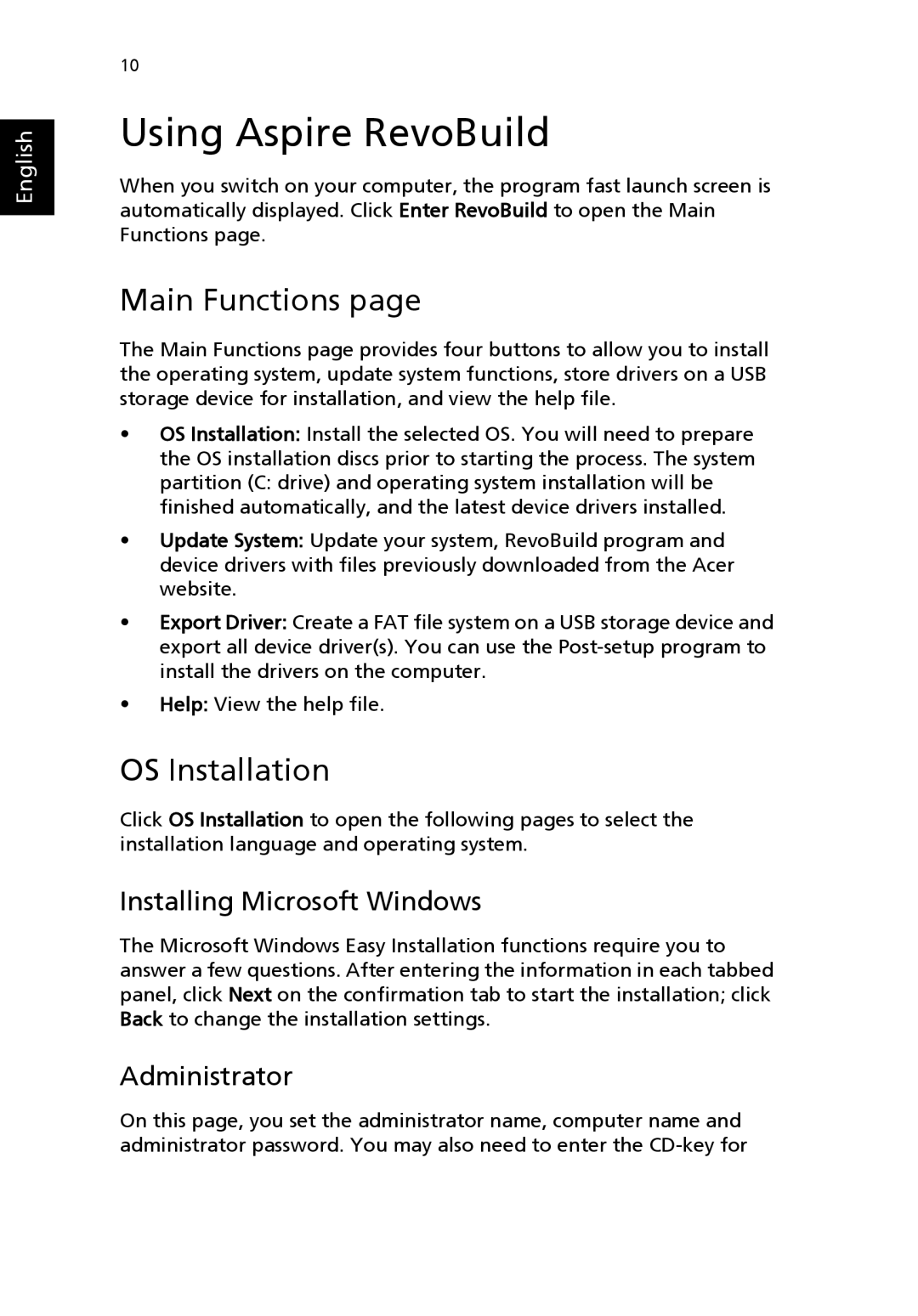 Acer SYSTEM, R3600 Using Aspire RevoBuild, Main Functions, OS Installation, Installing Microsoft Windows, Administrator 