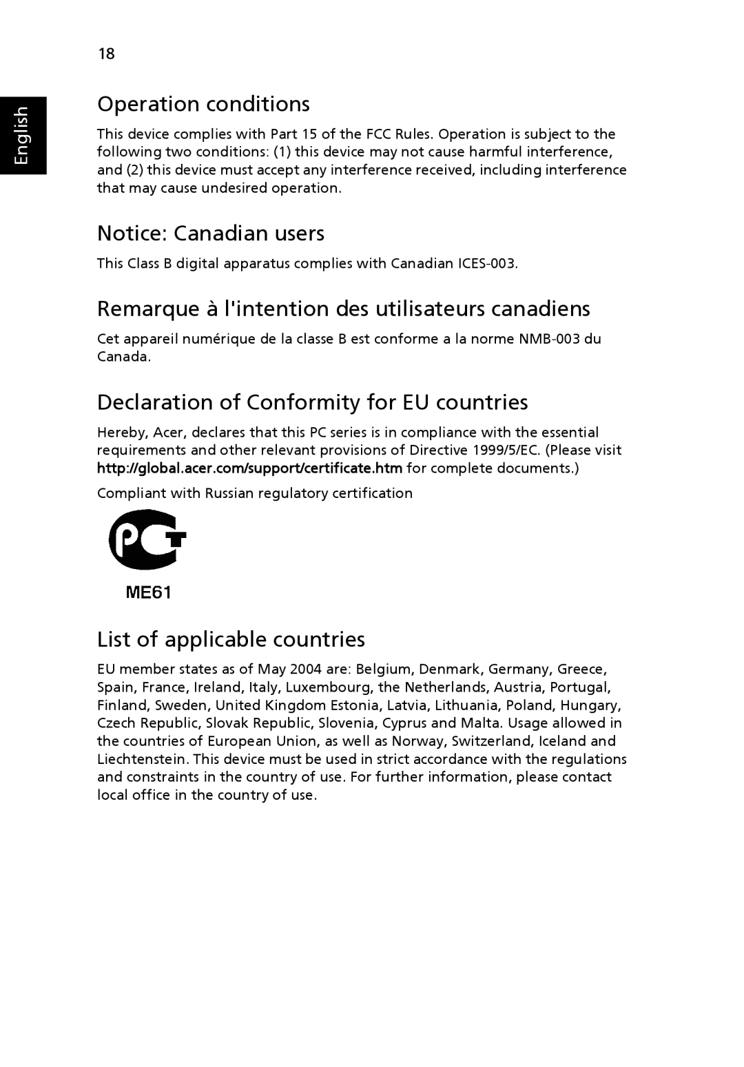 Acer SYSTEM, R3600 Operation conditions, Remarque à lintention des utilisateurs canadiens, List of applicable countries 