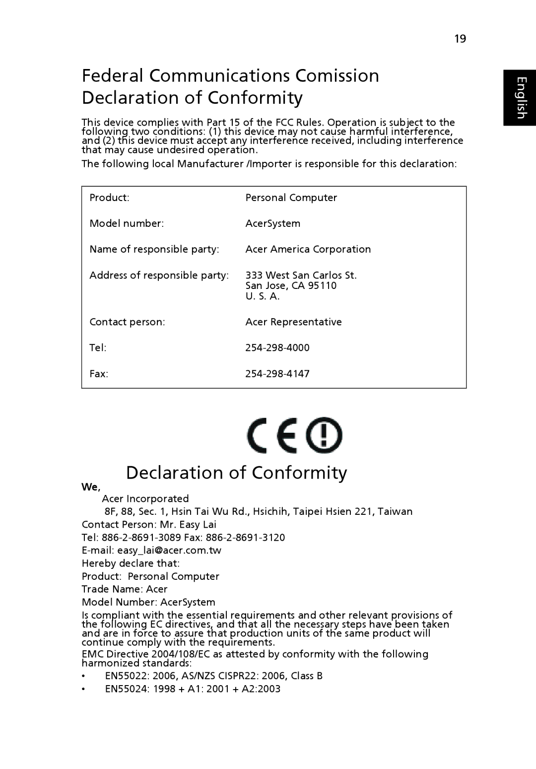 Acer R3600, SYSTEM manual Federal Communications Comission Declaration of Conformity 