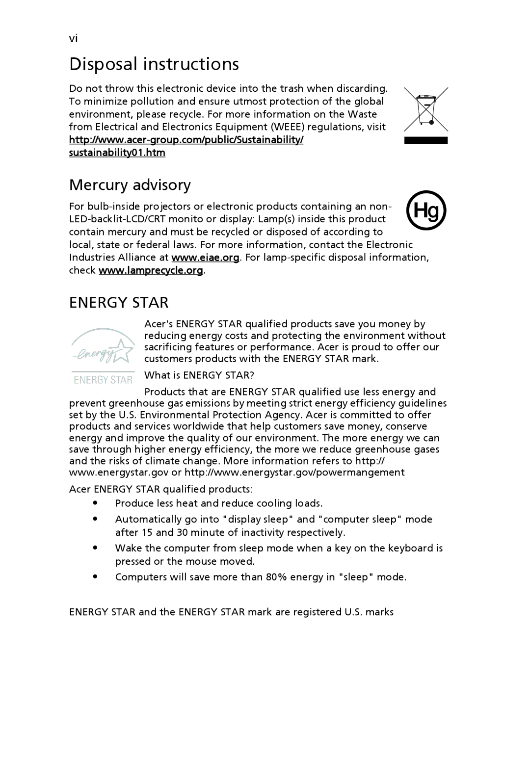 Acer SYSTEM, R3600 manual Disposal instructions, Mercury advisory 